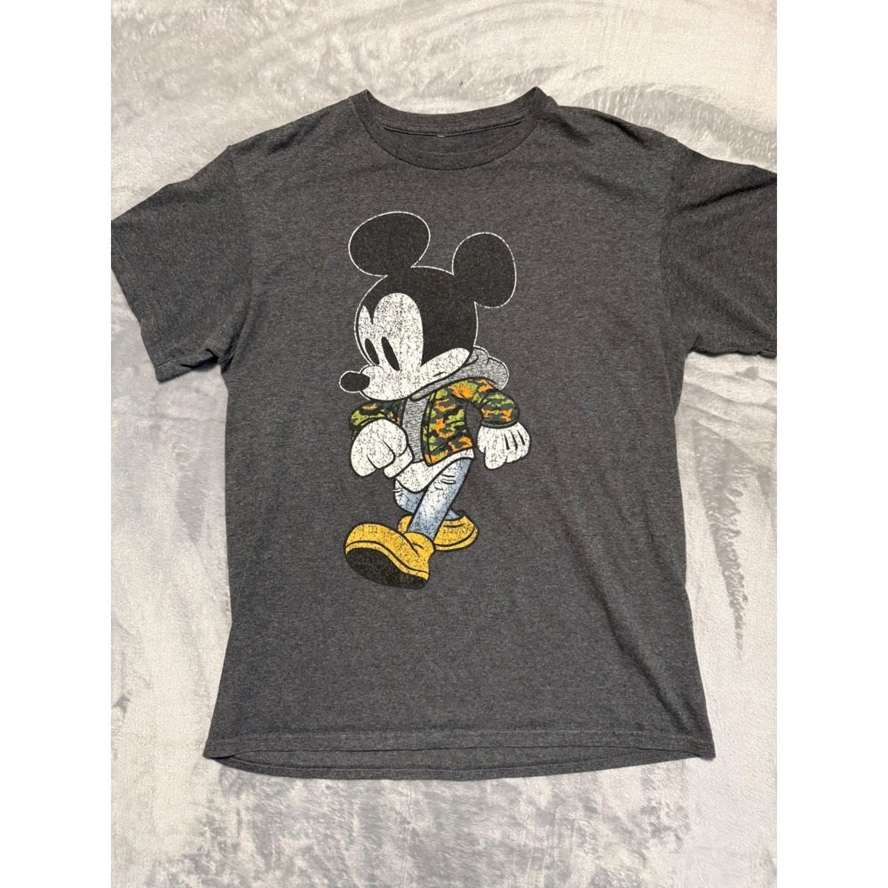 Disney Mickey Mouse T-Shirt Mens Medium Gray Camo Hoodie Graphic Tee Distressed